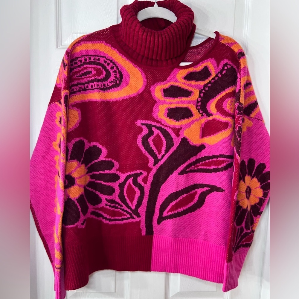 Farm Rio Vibrant Floral Cable Knit Sweater Pink Botanical Print Size Medium - Picture 3 of 13
